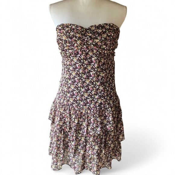 Express Ditzy Floral Chiffon Ruffle Strapless Sweetheart Y2K Whimsigoth Dress L - Picture 1 of 11